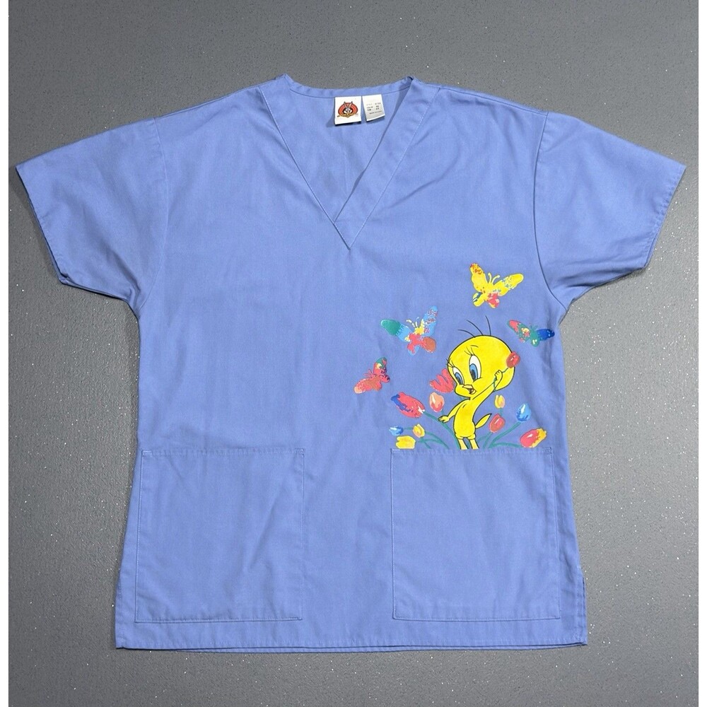 VTG 90s Looney Tunes Scrub Top Tweety Bird Blue Size XS / S Made USA Nurse RARE